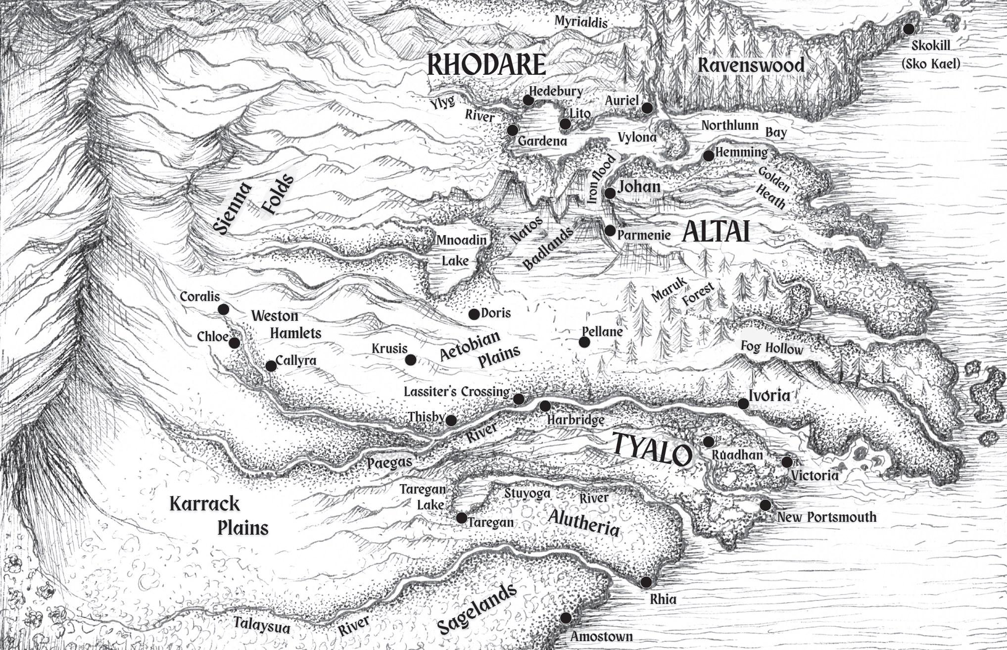 Kim Peterson's black-and-white map of the western continent of Second Rain
